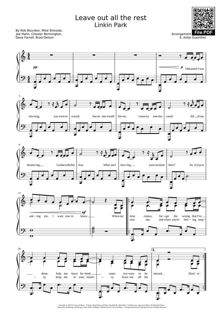 Page 1 of the piano sheet music PDF Piano - Leave out all the rest Sheet Piano by Linkin Park