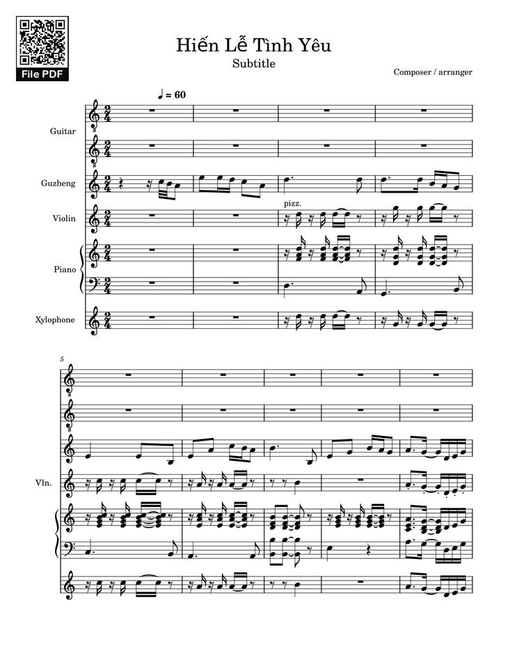 Page 1 of the piano sheet music PDF Piano Guitar Tab - Hiến Lễ Tình Yêu (hợp xướng Guitar, Harp, Violin, Piano, Xylophone) by Lm. Hoài Bắc