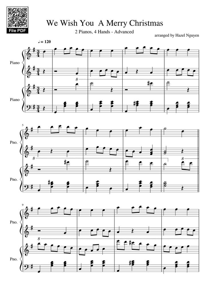 Page 1 of the piano sheet music PDF - We Wish You  A Merry Christmas Sheet Piano by Hazel Nguyen