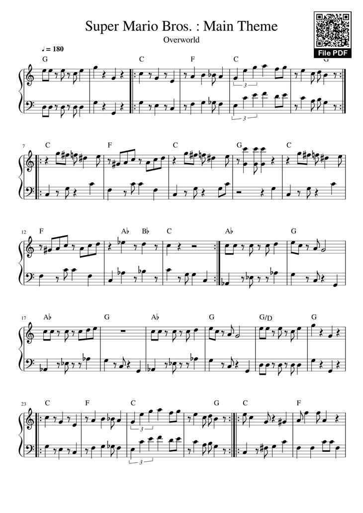 Page 1 of the piano sheet music PDF - Super Mario Bros. : Main Theme Sheet Piano by WildMojarras