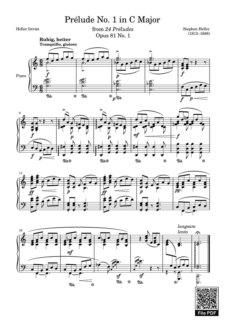 Page 1 of the piano sheet music PDF - Prélude No. 1 in C Major Sheet Piano by Stephen Heller