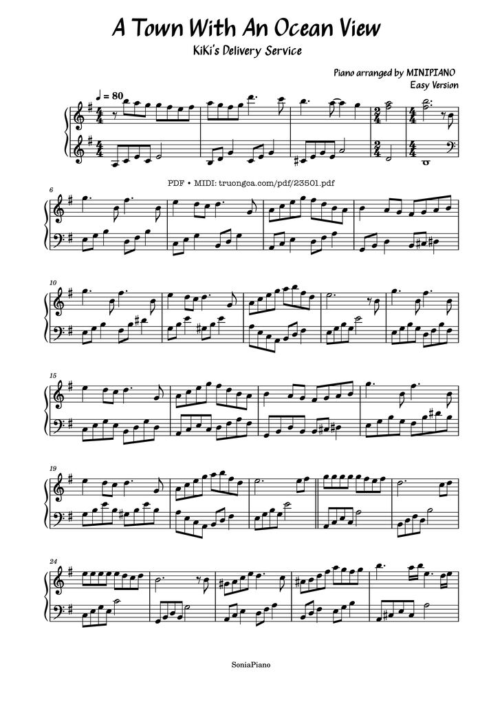 Page 1 of the piano sheet music PDF Piano - A Town With An Ocean View Piano (Easy) by Joe Hisaishi