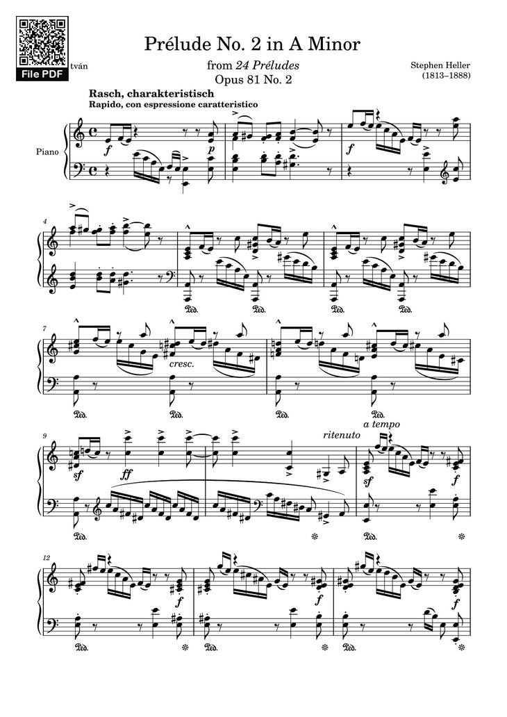 Page 1 of the piano sheet music PDF - Prélude No. 2 in A Minor Sheet Piano by Stephen Heller
