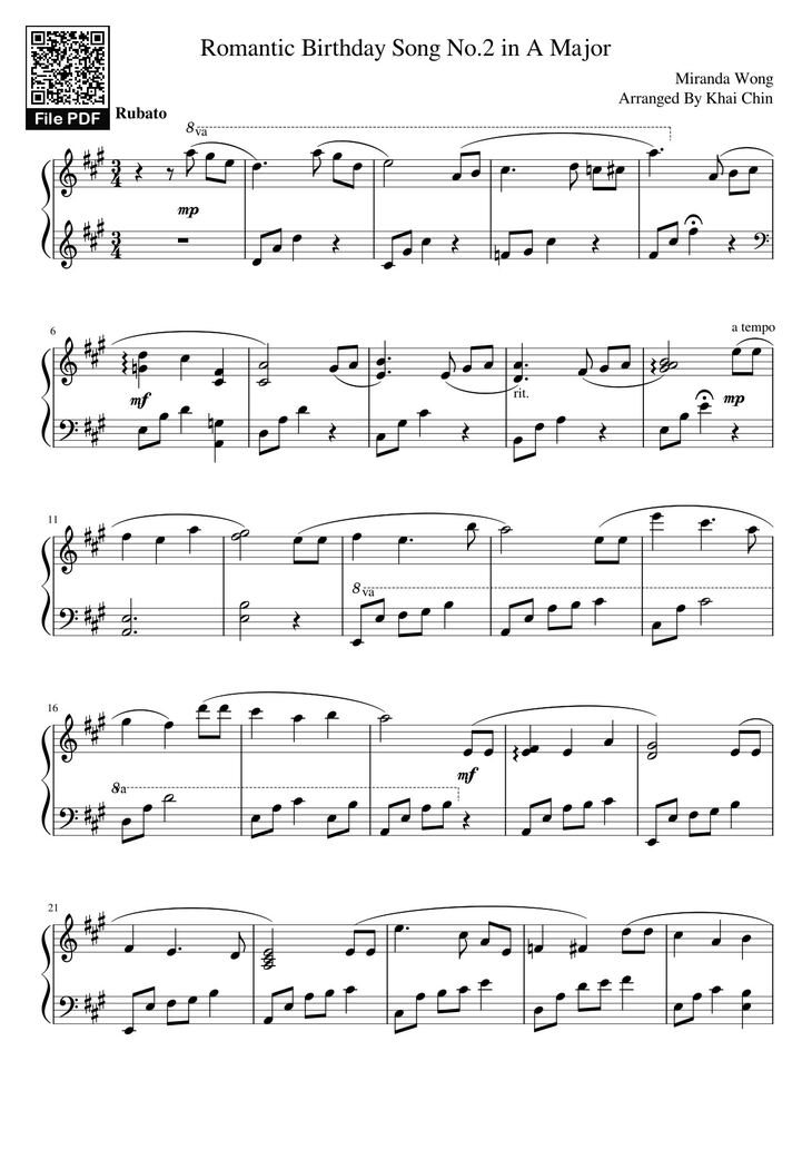 Page 1 of the piano sheet music PDF - Romantic Birthday Song No.2 in A Major  Sheet Piano by Miranda Wong