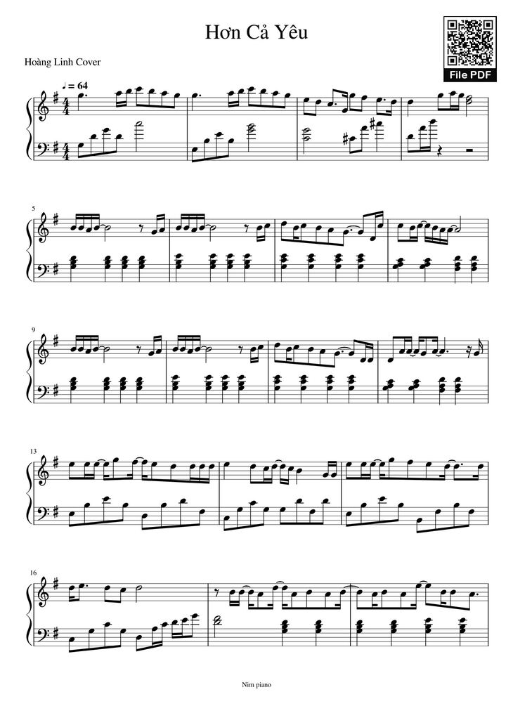 Page 1 of the piano sheet music PDF - Hơn Cả Yêu Sheet Piano by Strawberryanime