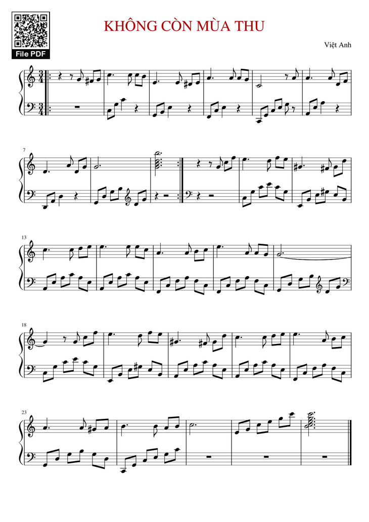 Page 1 of the piano sheet music PDF - KHÔNG CÒN MÙA THU Sheet Piano by Chauvanlinh@gmail.com