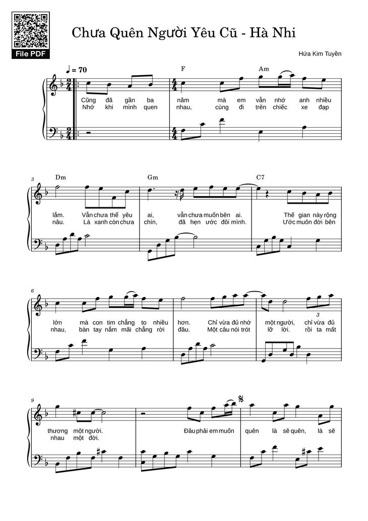 Page 1 of the piano sheet music PDF - Chưa Quên Người Yêu Cũ - Hà Nhi Sheet Piano by LaLa_1711