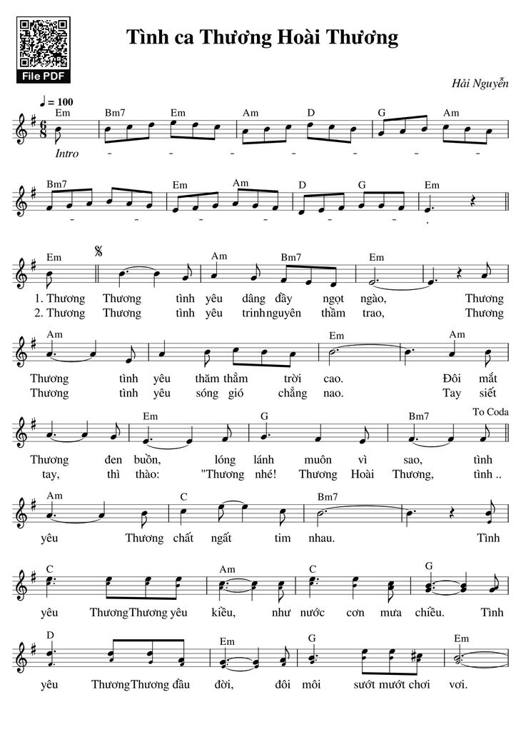 Page 1 of the piano sheet music PDF - Tình ca Thương Hoài Thương by Hải Nguyễn