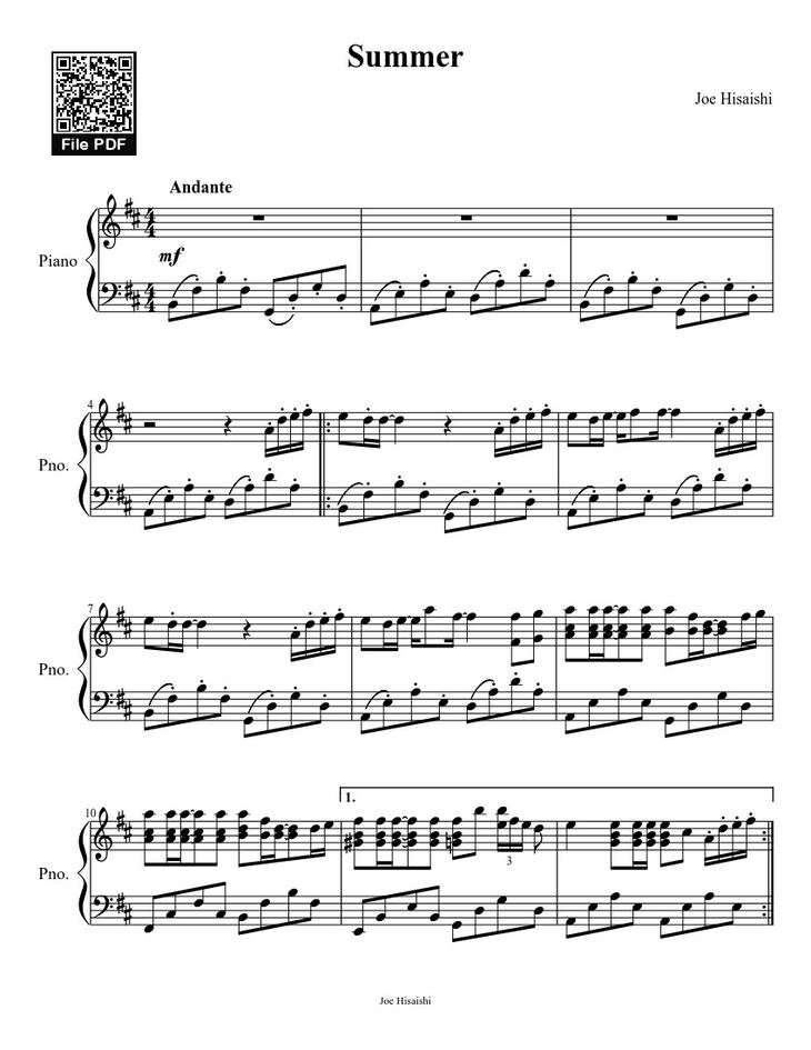 Page 1 of the piano sheet music PDF - Summer (Joe Hisaishi) Sheet Piano by Joe Hisaishi