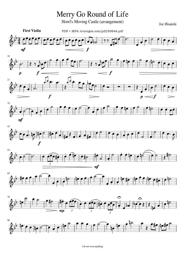 Page 1 of the piano sheet music PDF - Merry Go Round of Life Sheet Violin by Joe Hisaishi
