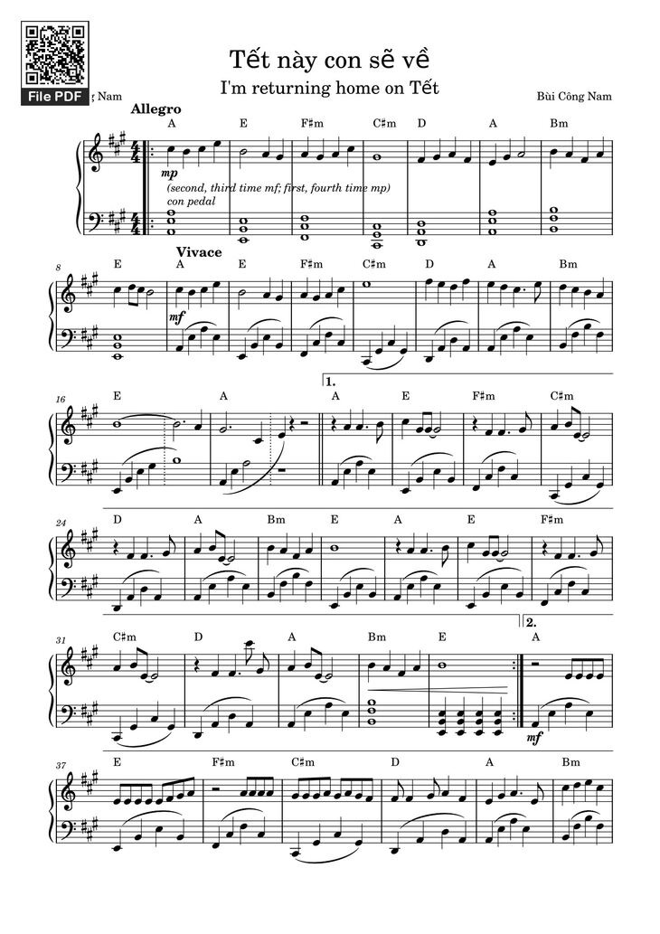 Page 1 of the piano sheet music PDF - Tết này con sẽ về Sheet Piano by Kipi91212