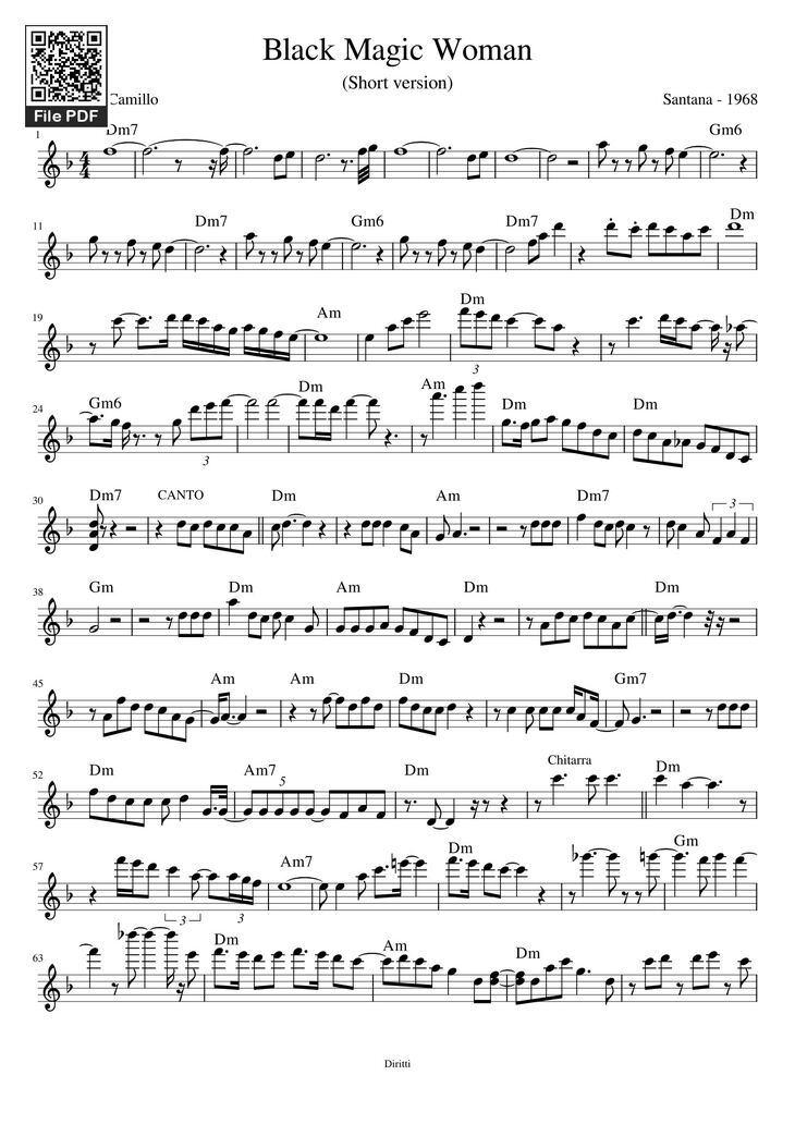Page 1 of the piano sheet music PDF - Black Magic Woman by Santana