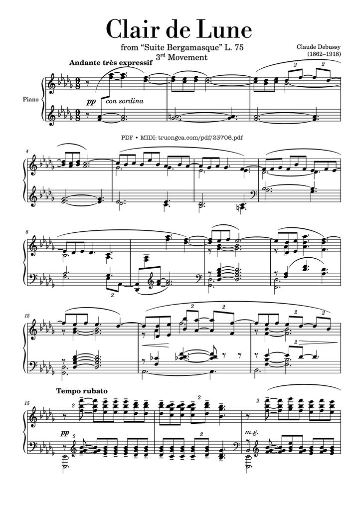 Page 1 of the piano sheet music PDF - Clair de Lune Sheet Piano by Claude Debussy