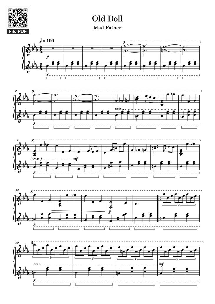 Page 1 of the piano sheet music PDF - Old Doll Sheet Piano by Meishini.ii