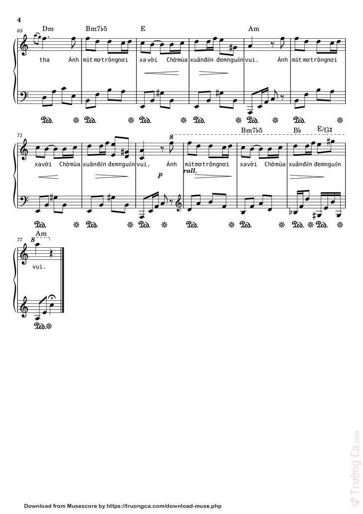 Page 4 of the piano sheet music PDF - Điệp khúc mùa xuân Sheet Piano (Am) by Quốc Dũng