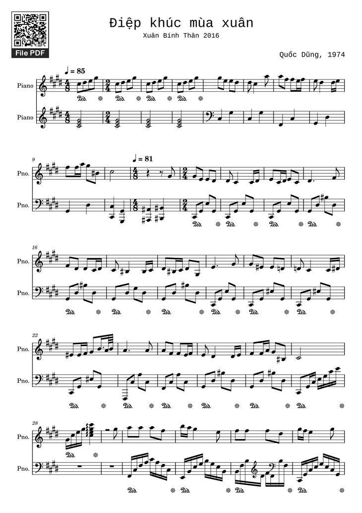 Page 1 of the piano sheet music PDF - Điệp khúc mùa xuân Sheet Piano (2016, C♯m) by Quốc Dũng