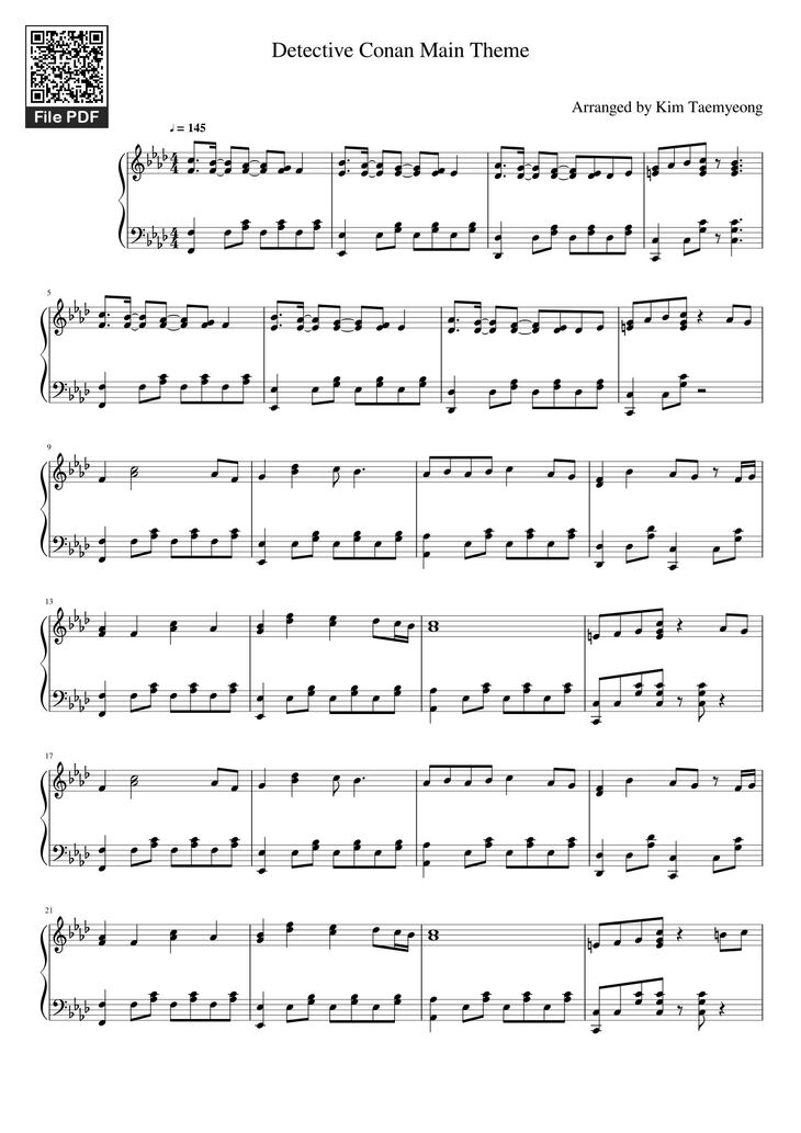 Page 1 of the piano sheet music PDF - Detective Conan Main Theme Sheet Piano by 김태명