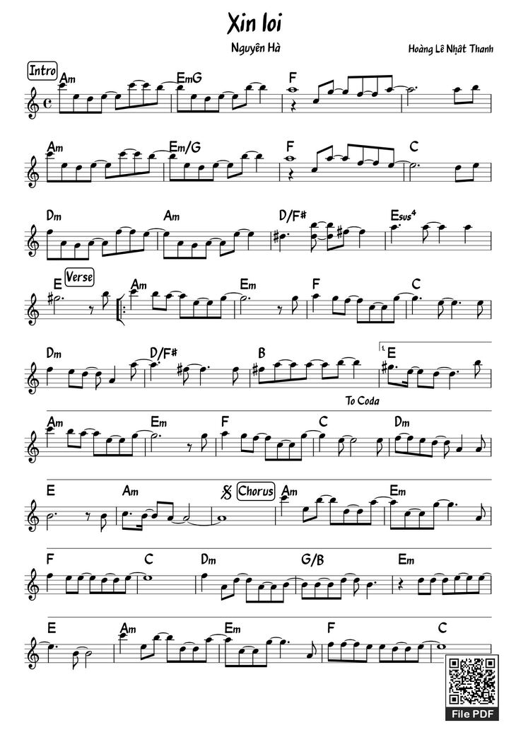 Page 1 of the piano sheet music PDF - Xin lỗi by Hoàng Lê Nhât Thanh