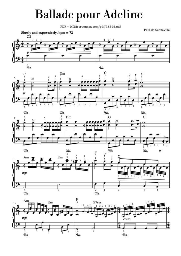 Page 1 of the piano sheet music PDF - Ballade pour Adeline Sheet Piano by Paul de Senneville