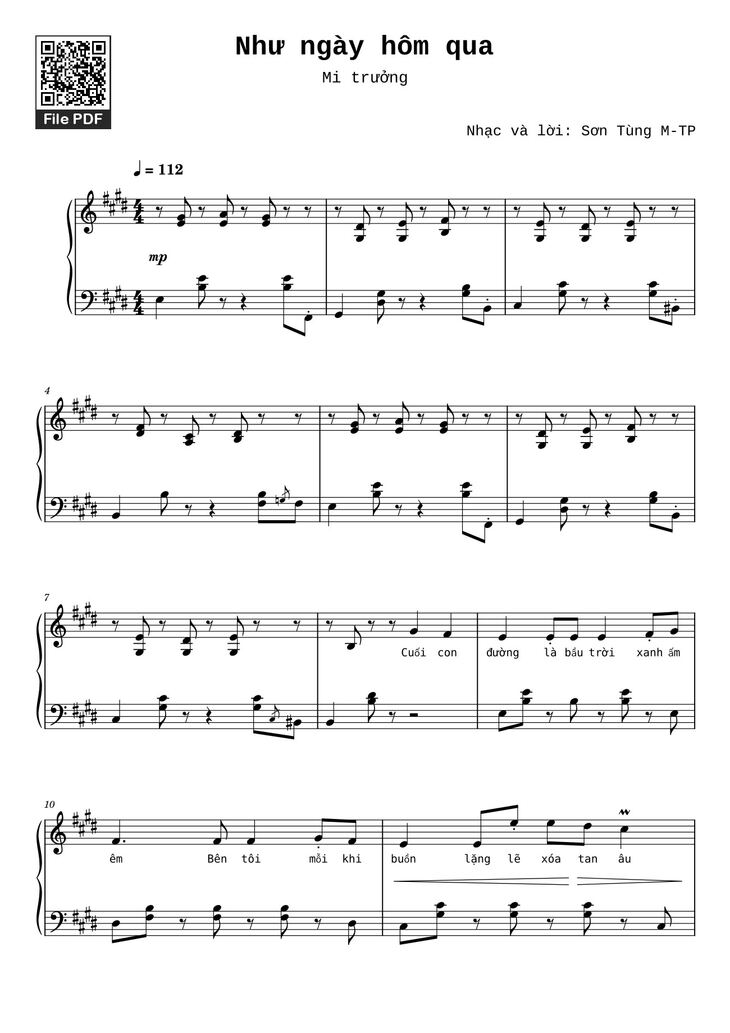 Page 1 of the piano sheet music PDF - Như ngày hôm qua Sheet Piano by Ngo_Duong_Hoang_An