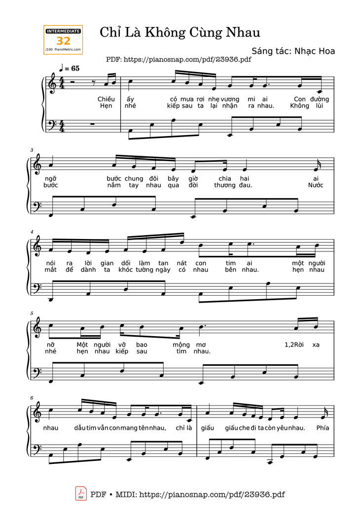 Page 1 of the piano sheet music PDF - Chỉ Là Không Cùng Nhau Sheet Piano by Doanduchoa156
