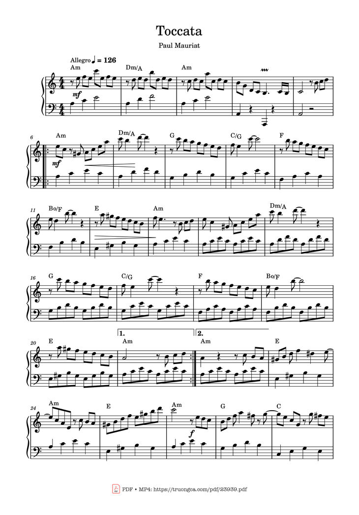 Page 1 of the piano sheet music PDF - Toccata – Paul Mauriat - easy version Sheet Piano by Elena Di Guardo