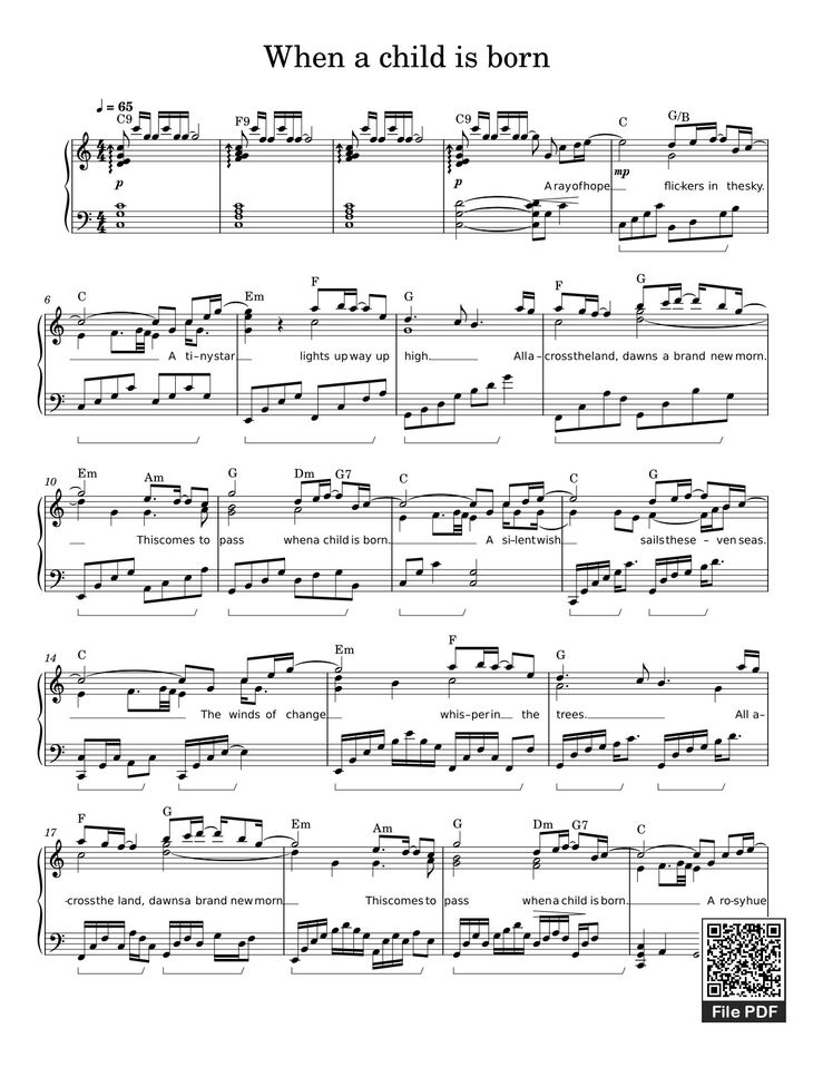 Page 1 of the piano sheet music PDF - When a child is born Sheet Piano by Elena Di Guardo