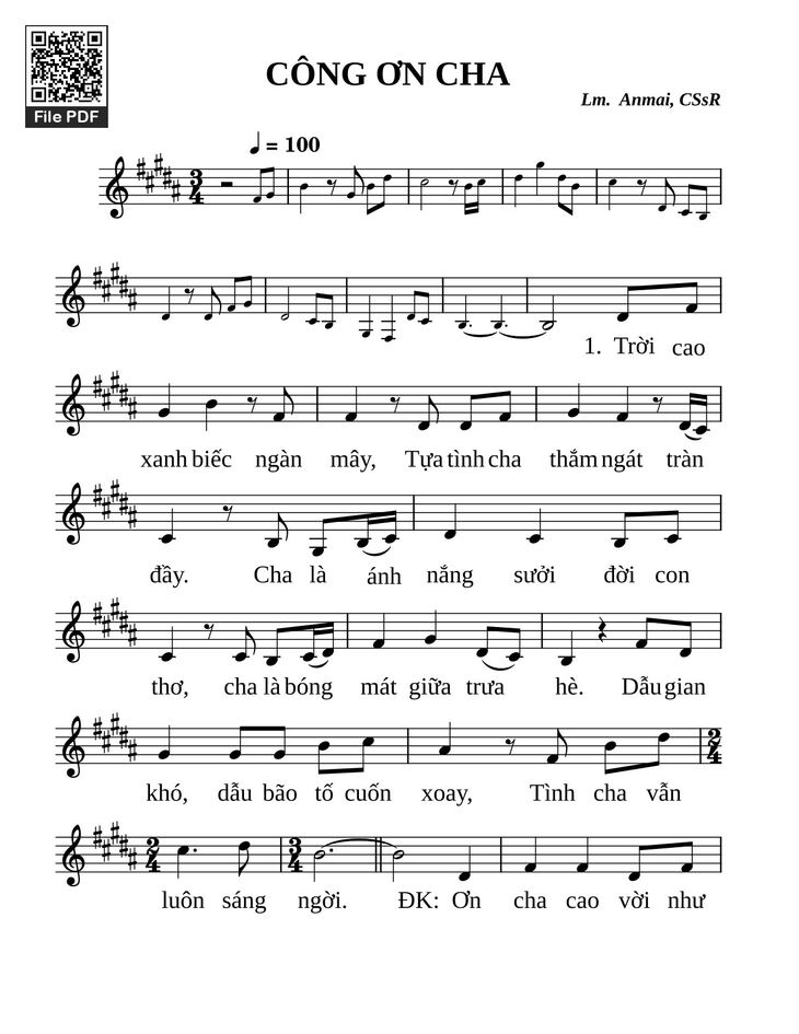 Page 1 of the piano sheet music PDF - Công ơn cha by Anmai