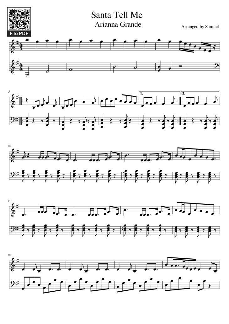 Page 1 of the piano sheet music PDF - Santa Tell Me Arianna Grande Sheet Piano by Samuelwycisk