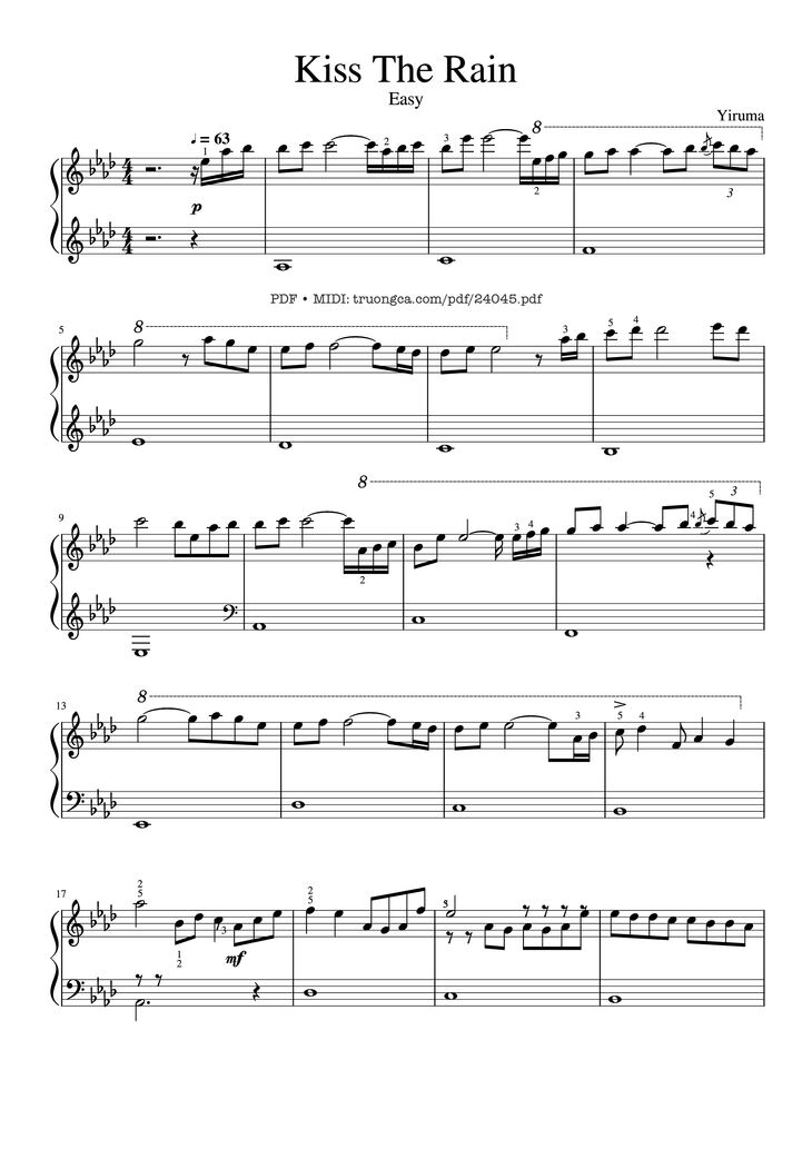 Page 1 of the piano sheet music PDF - Kiss The Rain Piano Simple by Yiruma