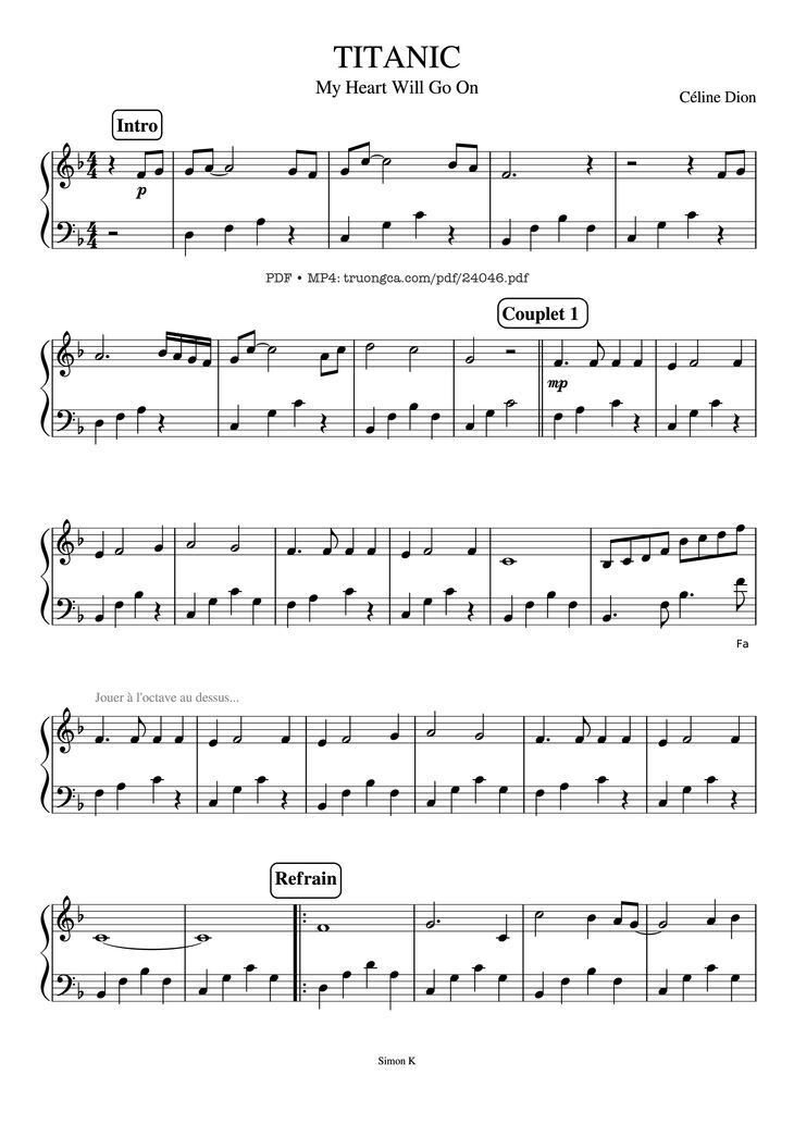 Page 1 of the piano sheet music PDF Piano - My Heart Will Go on Piano Easy by Céline Dion