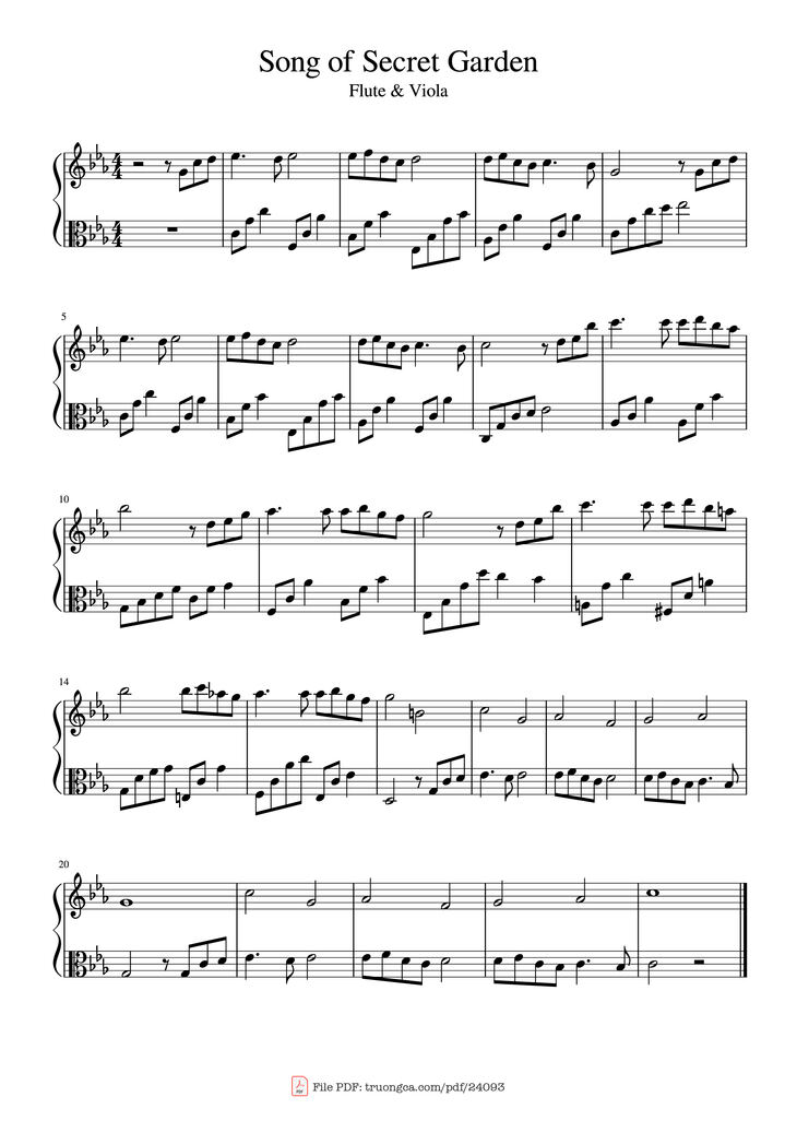 Page 1 of the piano sheet music PDF - Song of Secret Garden (Flute & Viola) by Lareddo