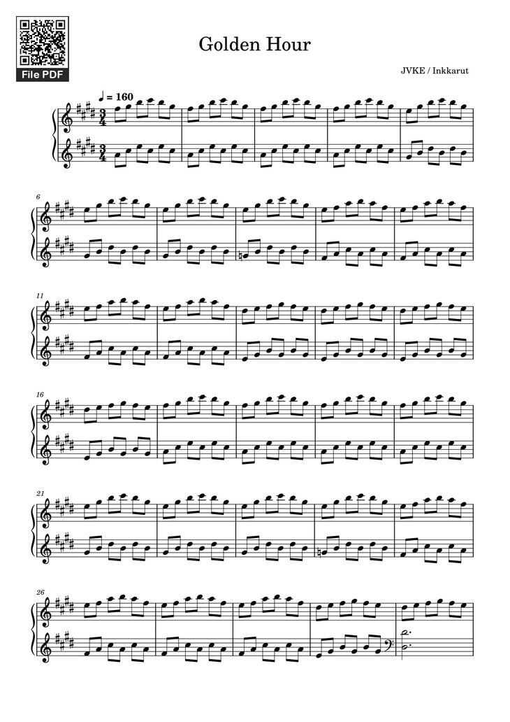 Page 1 of the piano sheet music PDF - Golden Hour Sheet Piano by Inkkarutat