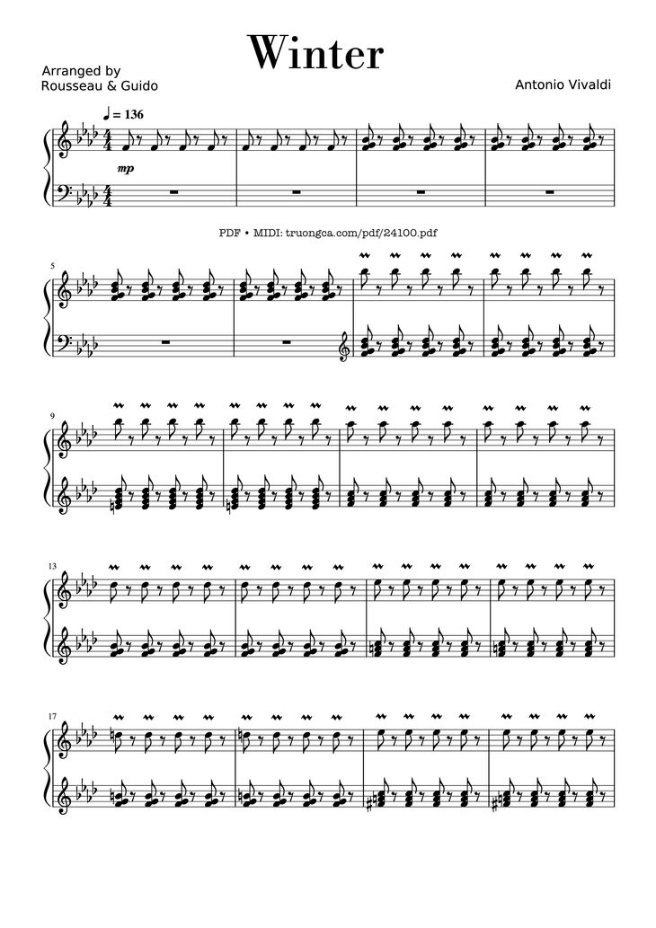 Page 1 of the piano sheet music PDF - Winter - Vivaldi (Rousseau Version Original) Sheet Piano by Antonio Vivaldi