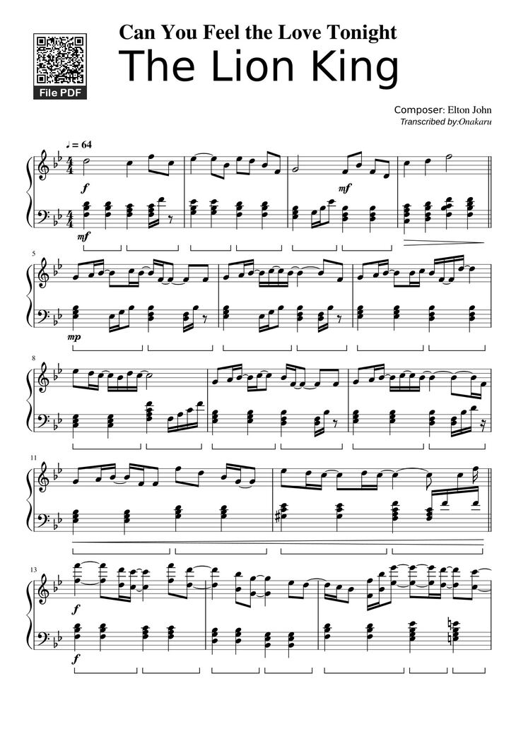 Page 1 of the piano sheet music PDF - Can You Feel the Love Tonight Sheet Piano by  Elton John