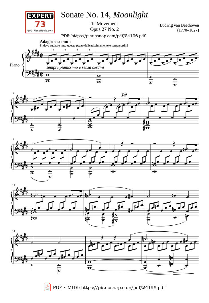 Page 1 of the piano sheet music PDF Piano - Sonate No. 14, Moonlight 1st Movement by Ludwig van Beethoven