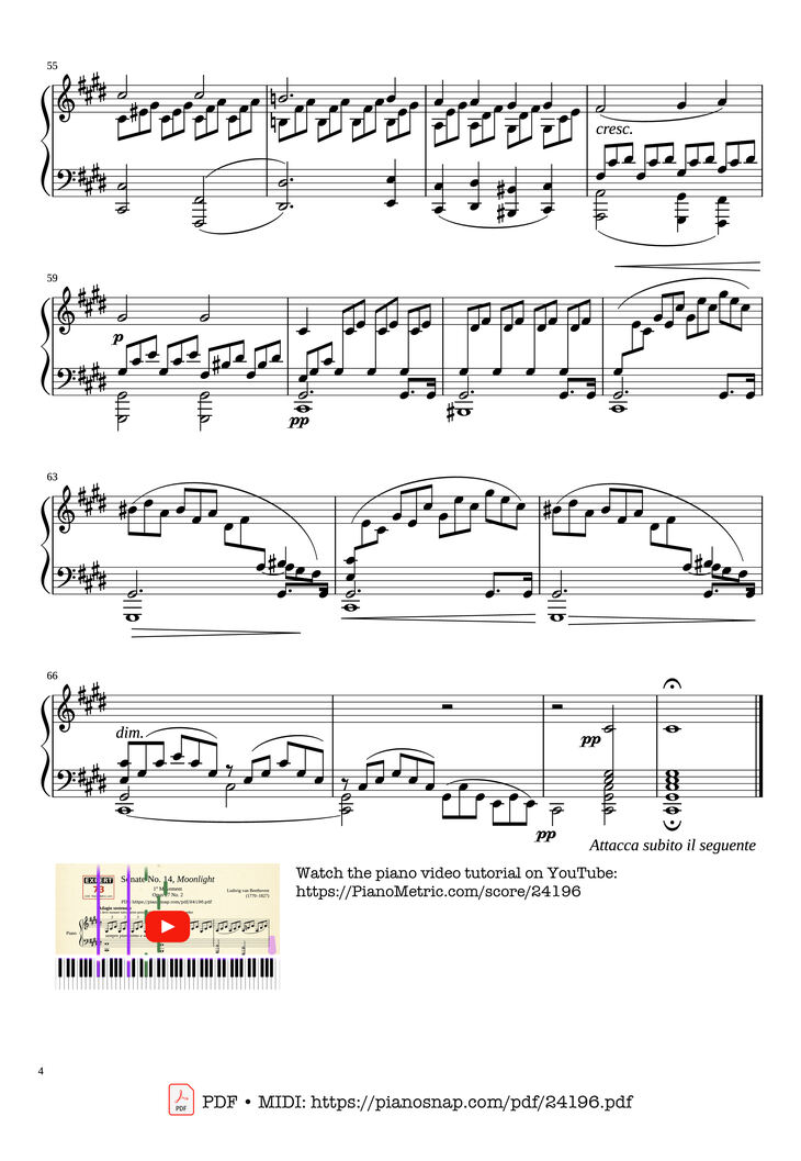 Page 4 of the piano sheet music PDF Piano - Sonate No. 14, Moonlight 1st Movement by Ludwig van Beethoven