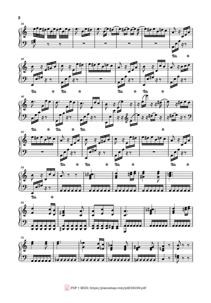 Page 2 of the piano sheet music PDF - Für Elise in A Minor Sheet Piano by Ludwig van Beethoven