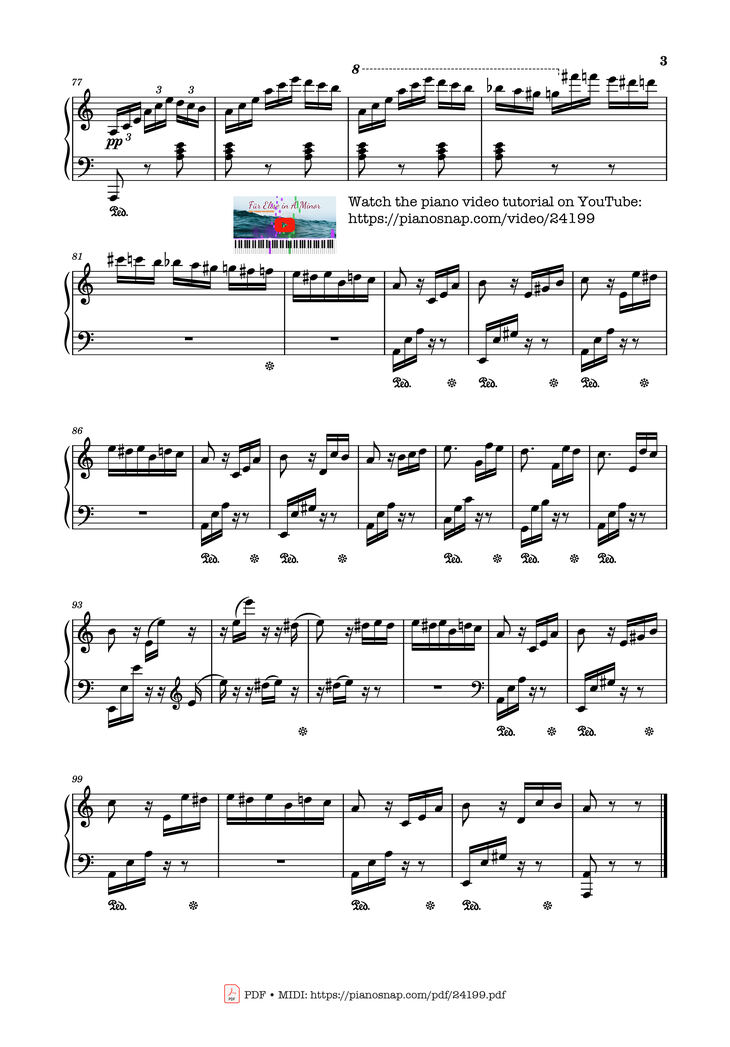 Page 3 of the piano sheet music PDF - Für Elise in A Minor Sheet Piano by Ludwig van Beethoven