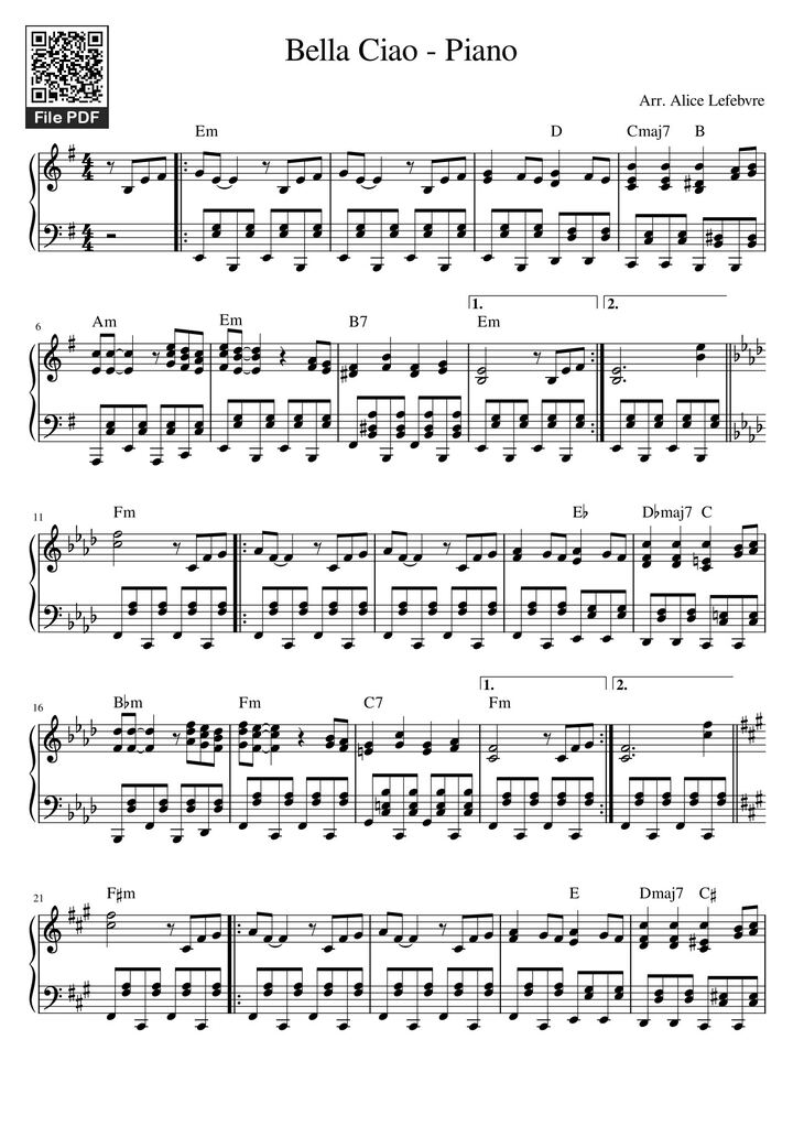 Page 1 of the piano sheet music PDF - Bella Ciao - Piano by Oui Bonsoir C'est Moi