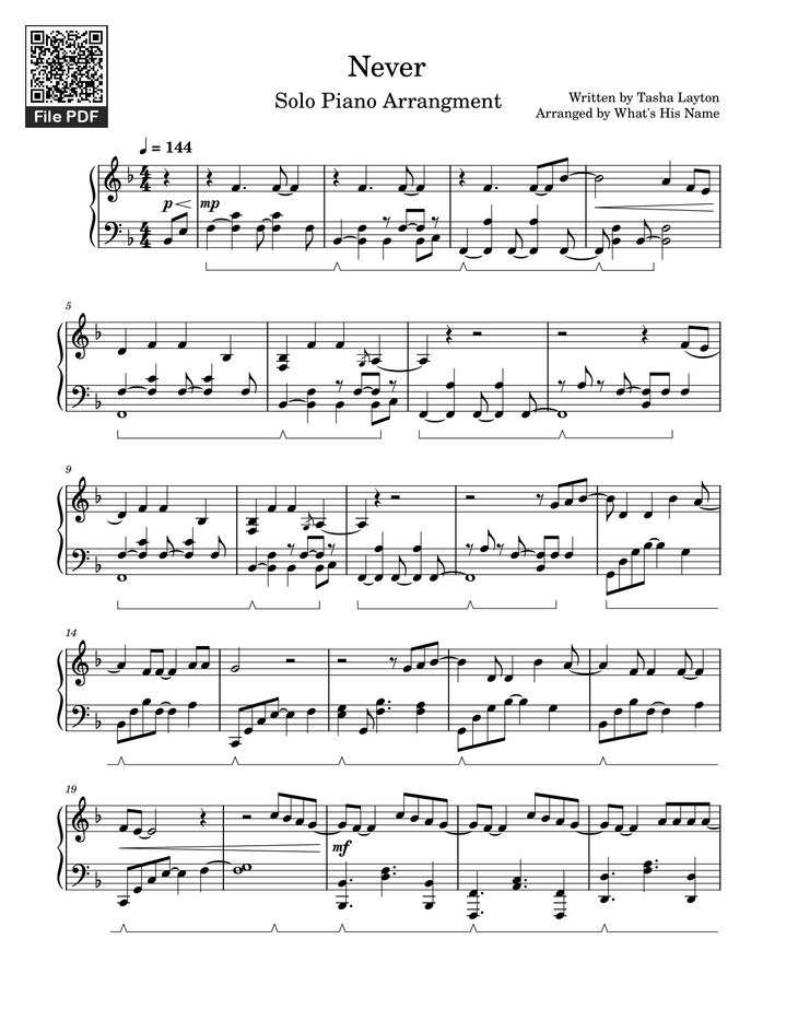 Page 1 of the piano sheet music PDF - Never – Tasha Layton (Solo Piano Arrangement) by Written by Tasha Layton