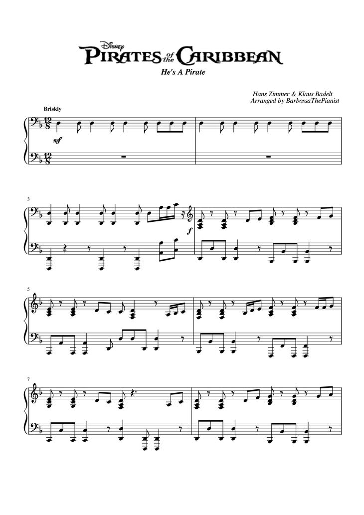 Page 1 of the piano sheet music PDF - Pirates of the Caribbean Sheet Piano by BarbossaThePianist