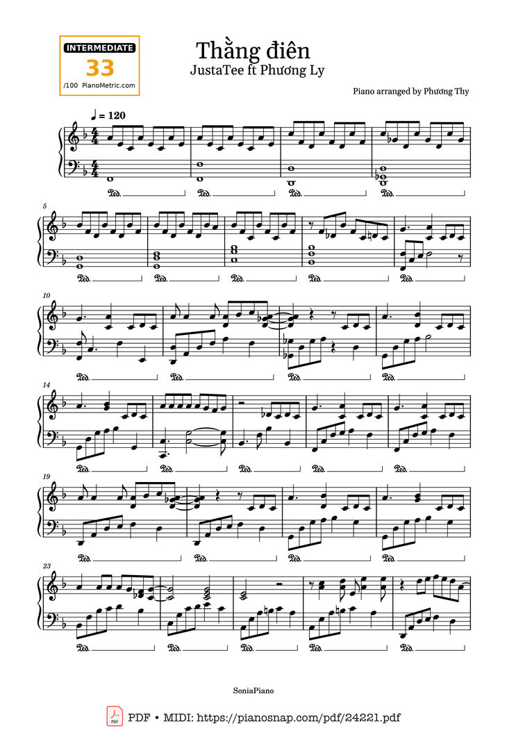 Page 1 of the piano sheet music PDF - Thằng điên Sheet Piano by Justatee