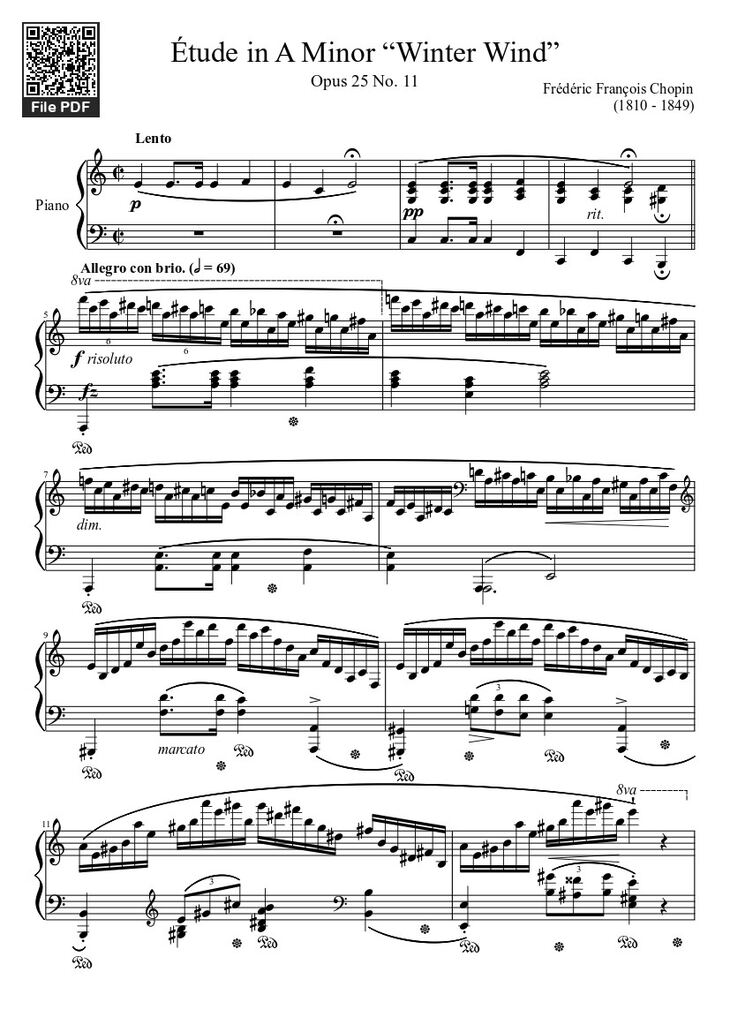 Page 1 of the piano sheet music PDF - Étude Opus 25 No. 11 in A Minor “Winter Wind” Sheet Piano by Frédéric François Chopin