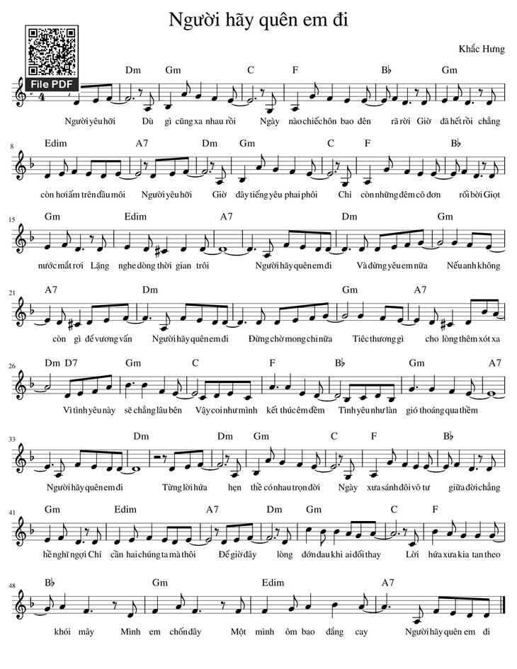 Page 1 of the piano sheet music PDF - Người hãy quên em đi Sheet Piano by Mỹ Tâm