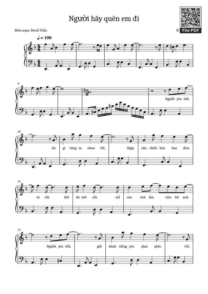 Page 1 of the piano sheet music PDF - Người hãy quên em đi Sheet Piano by Khắc Hưng