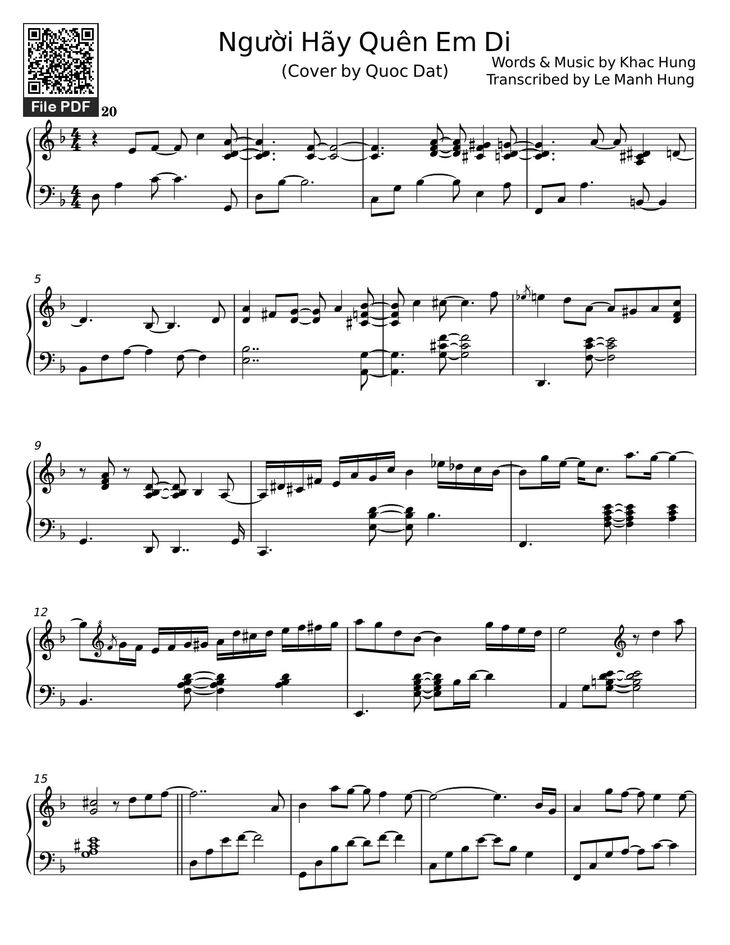 Page 1 of the piano sheet music PDF - Người Hãy Quên Em Di Sheet Piano by Khac Hung