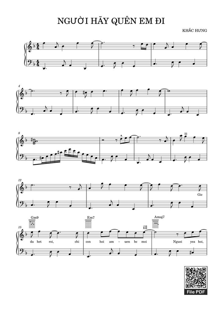 Page 1 of the piano sheet music PDF - NGƯỜI HÃY QUÊN EM ĐI Sheet Piano Easy by KHẮC HƯNG