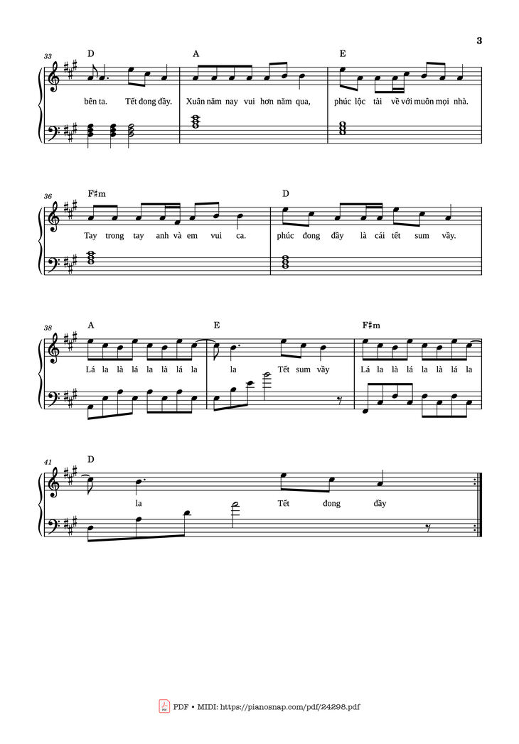 Page 3 of the piano sheet music PDF - Tết Đong Đầy Sheet Piano by Nguyễn Khoa