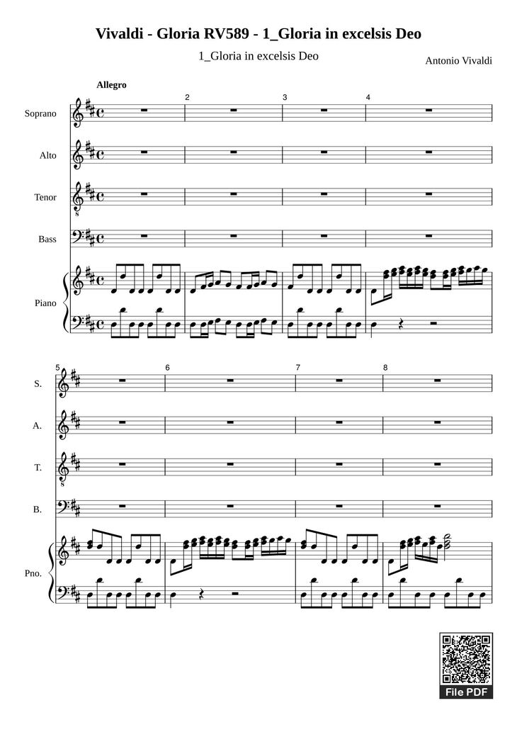 Page 1 of the piano sheet music PDF - Gloria in excelsis Deo (SATB) by Antonio Vivaldi